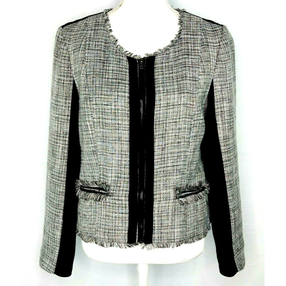 Elle Womens Jacket Blazer Size M Career Work Full Zip Gray Black Metallic Thread